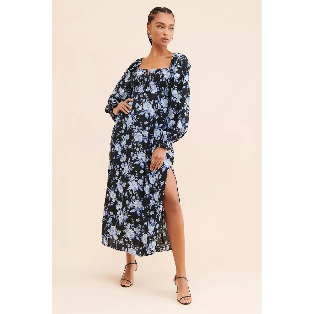 Free People Jaymes Floral Long Sleeve‎ Midi Maxi Dress Size Large Black Blue EUC